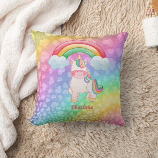 Gepersonaliseerde Unicorn Rainbow Hearts Kussen (Deken)