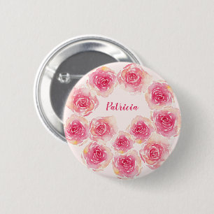 Gepersonaliseerde Unieke Waterverf Roze 12 Rozen Ronde Button 5,7 Cm