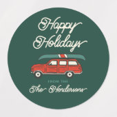 Gepersonaliseerde vakantie retro rode wagon kerst labels (Design 1)