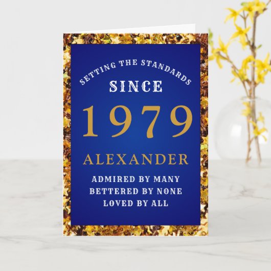 Gepersonaliseerde Verjaardag 1979 Blauw Goud Glitt Kaart (Gele Bloem)