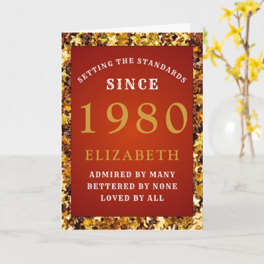Gepersonaliseerde Verjaardag 1980 Rood Goud Voeg J Kaart (Gele Bloem)