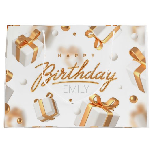 Gepersonaliseerde Verjaardag goud en witte Strepen Groot Cadeauzakje (Voorkant)
