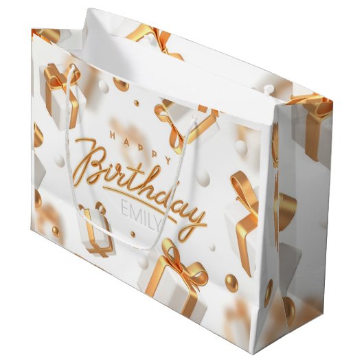 Gepersonaliseerde Verjaardag goud en witte Strepen Groot Cadeauzakje (Voorkant Gekanteld)