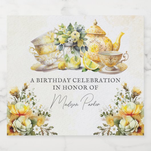 Gepersonaliseerde Verjaardag Lemon Tea Party  Sparkling Wijnetiket (Enkel label)