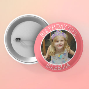 Gepersonaliseerde verjaardag Meisje Naam en foto Ronde Button 5,7 Cm