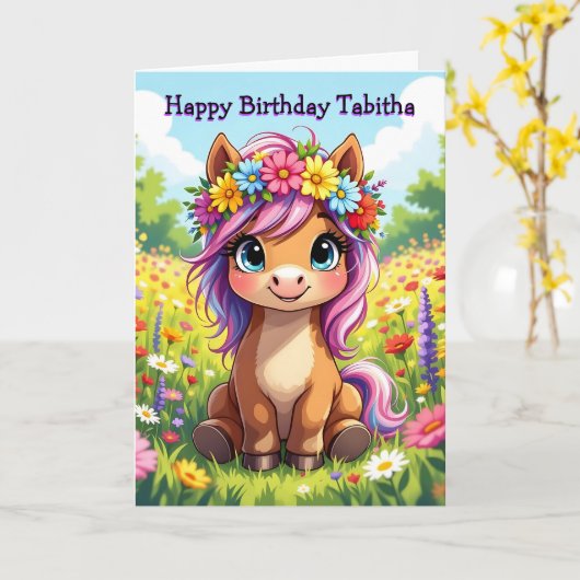 Gepersonaliseerde Verjaardag van het meisje Pony T Kaart (Gele Bloem)