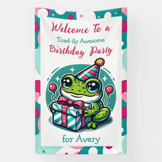 Gepersonaliseerde verjaardagsfeestje kikker thema  spandoek (Verticaal)