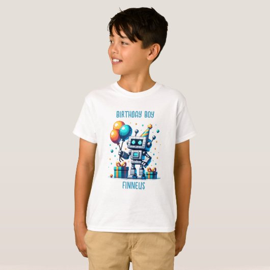 Gepersonaliseerde Verjaardagsjongen Pixel Robot T-shirt (Voorkant volledig)