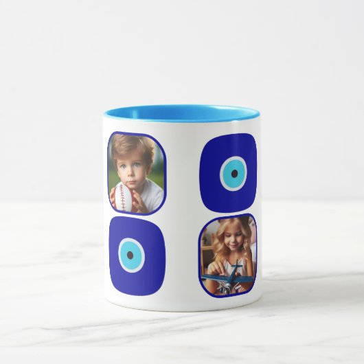 Gepersonaliseerde Vier Foto's, Blue Evil Eye Amule Mok (Midden)