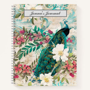 Gepersonaliseerde Vintage Blauwgroen Peacock en Ro Notitieboek