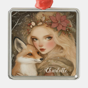 Gepersonaliseerde Vintage Christmas Girl en Fox Metalen Ornament