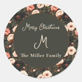 Gepersonaliseerde Vintage Kerst Bloemen Peony Roze Ronde Sticker