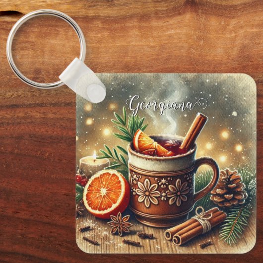 Gepersonaliseerde Vintage Kerstmarkt Mulled Wine Sleutelhanger (Voorkant)