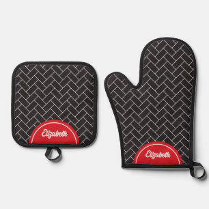 Gepersonaliseerde visgraat baksteen zwart wit ovenwant & pannenlap set