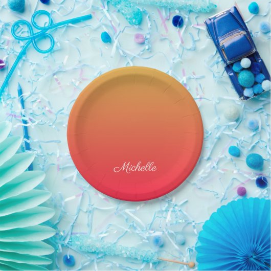 Gepersonaliseerde vlamrode en gele kleur papieren bordje (Feest)