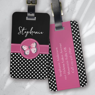 Gepersonaliseerde vlinder zwart roze wit polka sti bagagelabel