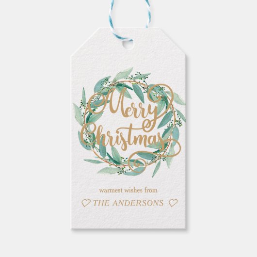 Gepersonaliseerde vrolijke kerst eucalyptus krans cadeaulabel (Voorkant)