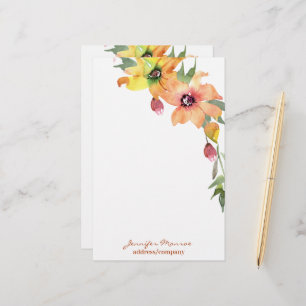 Gepersonaliseerde waterverf bloemen in oranje en g briefpapier