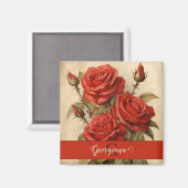 Gepersonaliseerde Waterverf Bloemen Rode Rozen Magneet (Voorkant / Achterkant)