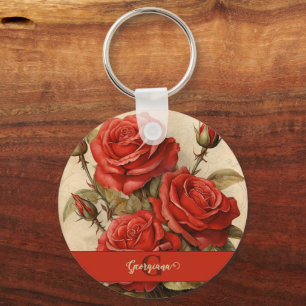 Gepersonaliseerde  Waterverf Bloemen Rode Rozen Sleutelhanger