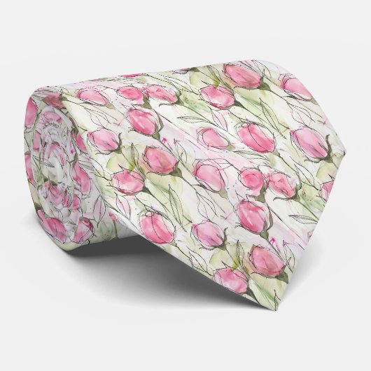 Gepersonaliseerde Waterverf Blush Roze Rosebuds Stropdas (Opgerold)