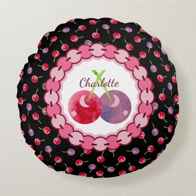 Gepersonaliseerde Waterverf Cherries Rond Kussen (Voorkant)