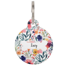 Gepersonaliseerde Waterverf Flowers Ronde Pet Tag Huisdierpenning