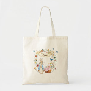 Gepersonaliseerde Waterverf paashaas en bloemen Tote Bag