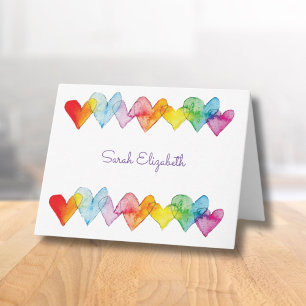 Gepersonaliseerde Waterverf Rainbow Hearts Schatti Notitiekaartje