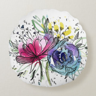 Gepersonaliseerde Waterverf Roze & Blauw Bloemen D Rond Kussen