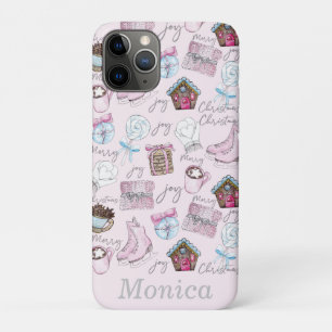 Gepersonaliseerde Waterverf Roze Kerstelementen iPhone 11 Pro Hoesje