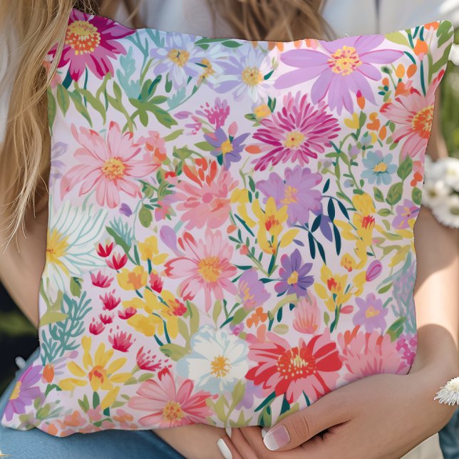 Gepersonaliseerde  Waterverf Spring Floral Kussen (vibrant purple and pink spring floral throw pillow)
