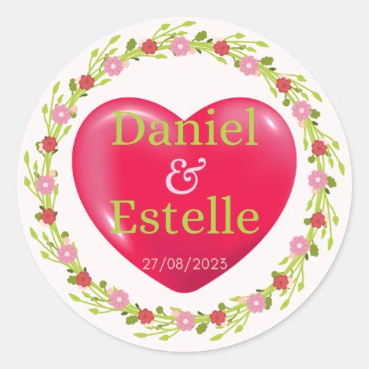 Gepersonaliseerde Wedding Heart Sticker met Bloeme (Voorkant)
