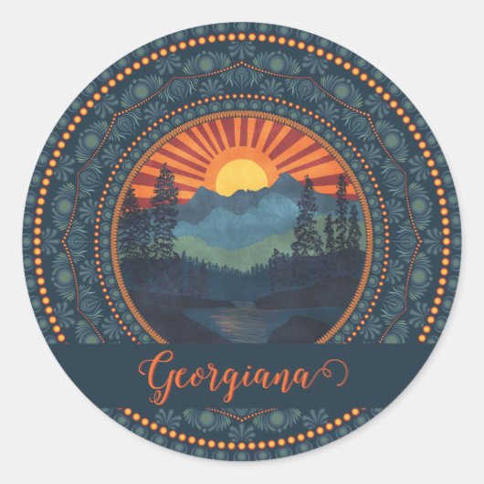 Gepersonaliseerde wildernis Sunset Dot Mandala Ronde Sticker (Voorkant)