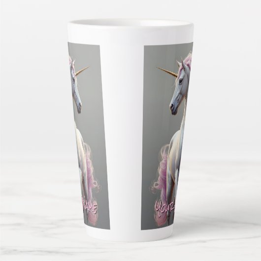 Gepersonaliseerde witte eenhoorn met roze manen latte mok (Voorkant)