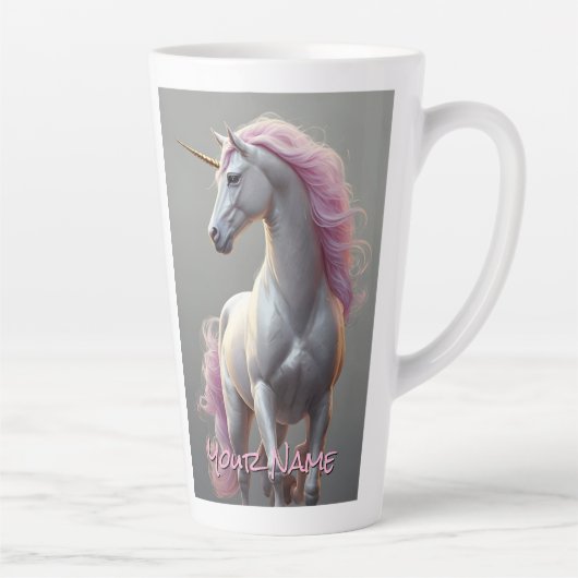 Gepersonaliseerde witte eenhoorn met roze manen latte mok (Rechts)