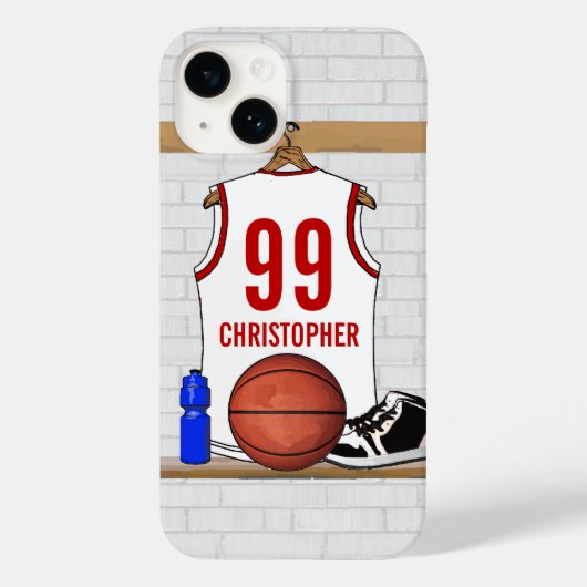 Gepersonaliseerde witte en rode Basketball Jersey Case-Mate iPhone Case (Achterkant)