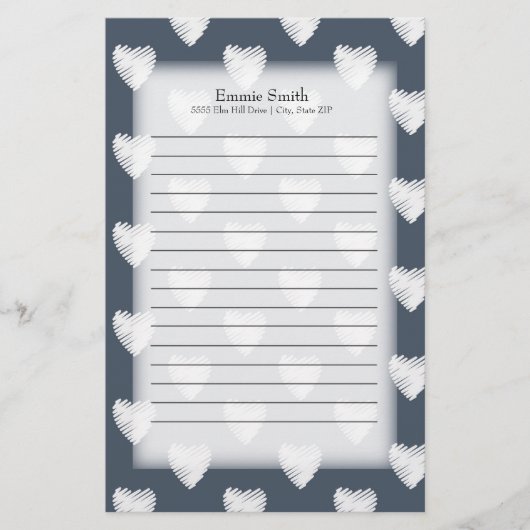 Gepersonaliseerde witte harten op Navy Blue Briefpapier (Voorkant)