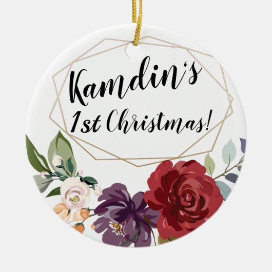 Gepersonaliseerde witte rozen gouden geometrische keramisch ornament (Voorkant)