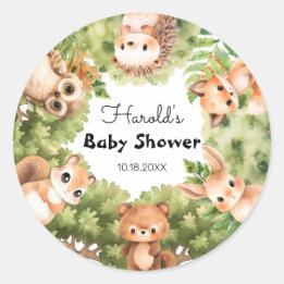 Gepersonaliseerde Woodland Boy Baby shower Envelop Ronde Sticker