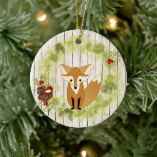 Gepersonaliseerde Woodland Fox en Wreath Kerstmis Keramisch Ornament
