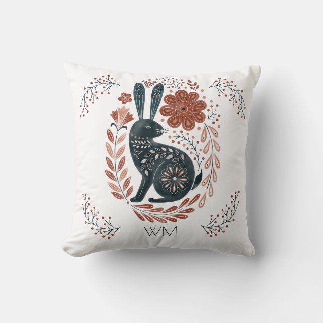 Gepersonaliseerde Woodland Rabbit Folk Art Kussen (Voorkant)