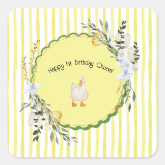 Gepersonaliseerde Yellow Stripe Duckling Verjaarda Vierkante Sticker