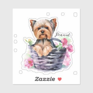 Gepersonaliseerde Yorkie in de Basket Waterverf Ar Sticker