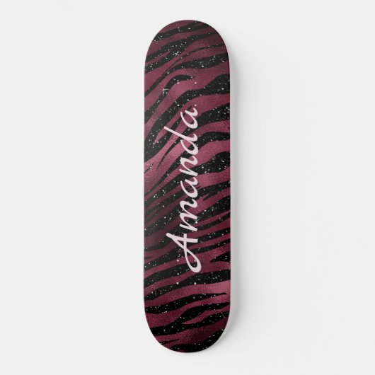Gepersonaliseerde Zebra Black & Burgundy Glitter Skateboard (Voorkant)
