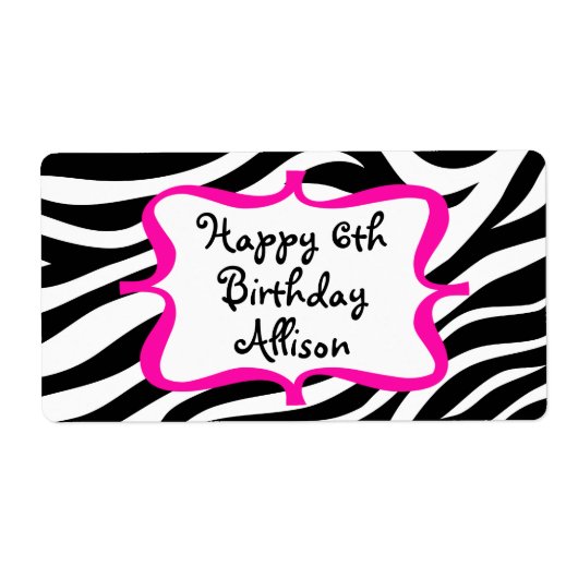 Gepersonaliseerde Zebra Print Roze Waterfles Label (Voorkant)