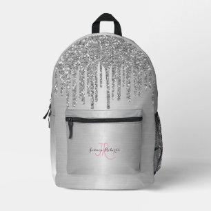 Gepersonaliseerde Zilveren Girly Glitter Druppels Bedrukte Rugzak