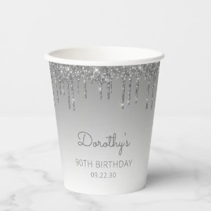 Gepersonaliseerde Zilveren Glitter 90th Birthday P Papieren Bekers