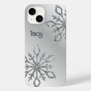 Gepersonaliseerde zilveren glitter sneeuwvlokken o Case-Mate iPhone 14 hoesje