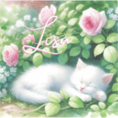 Gepersonaliseerde zoete witte kitten napping sticker (Voorkant)
